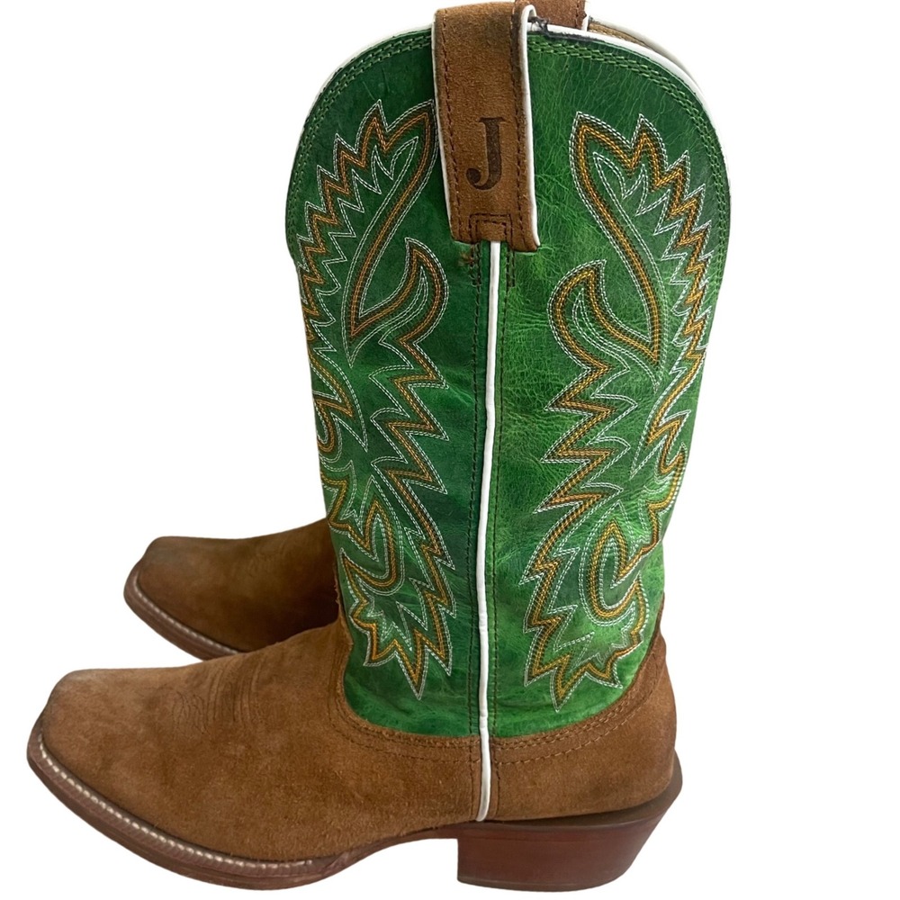 Justin Mens FN7254 Brown Suede Green Leather Square Toe Western Cowboy Boots 10D